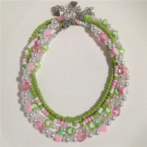 colliers de perles rose blanc vert