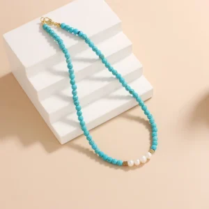 Collier bohème turquoise en perles d'eau douce - 40,5 cm